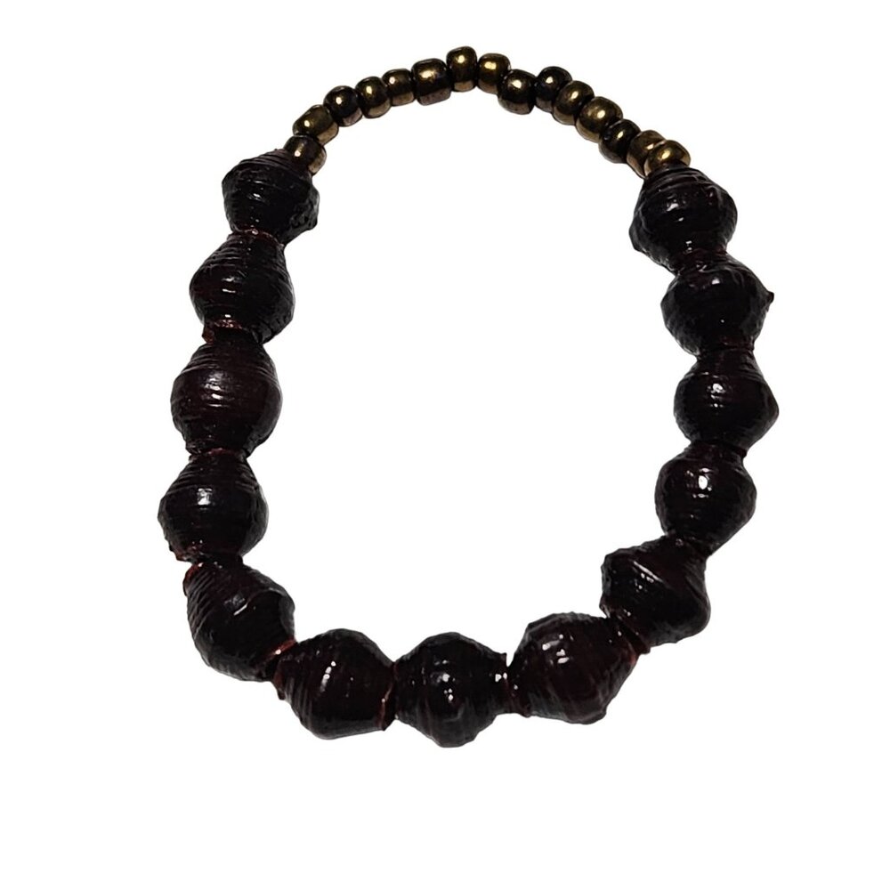 Boho Handcrafted Beaded Bracelet Dark Wooden Brass Beads Natural Jewelry Unisex